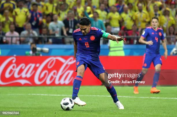 Radamel Falcao of Colombia scores his team's second goal during the 2018 FIFA World Cup Russia group H match between Poland and Colombia at Kazan...