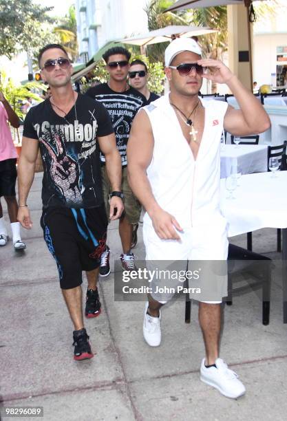 Michael 'The Situation' Sorrentino, Ronnie Ortiz-Magro, Paul "Pauly D" DelVecchio and Vinny Guadagnino are seen on April 6, 2010 in Miami Beach,...