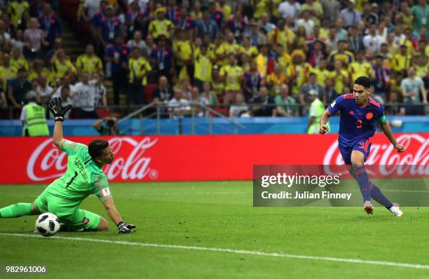 Radamel Falcao of Colombia scores his team's second goal during the 2018 FIFA World Cup Russia group H match between Poland and Colombia at Kazan...