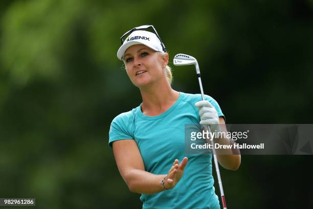 Anna Nordqvist of Sweden reacts to her tee shot on the third hole during the final round of the Walmart NW Arkansas Championship Presented by P&G at...
