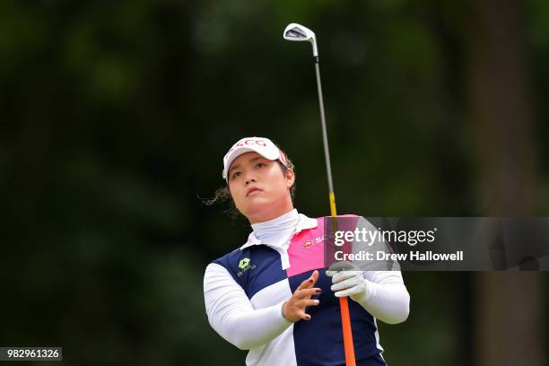 Ariya Jutanugarn of Thailand watches her tee shot on the third hole during the final round of the Walmart NW Arkansas Championship Presented by P&G...
