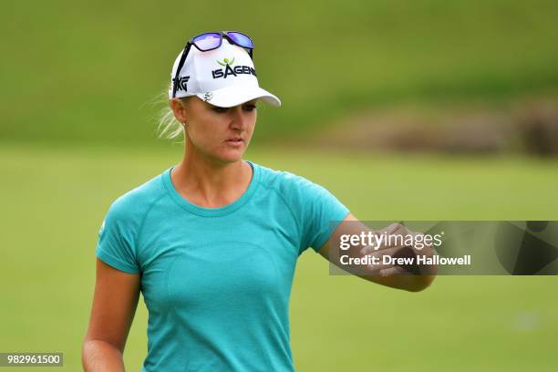 Anna Nordqvist of Sweden reacts to her putt on the second hole during the final round of the Walmart NW Arkansas Championship Presented by P&G at...