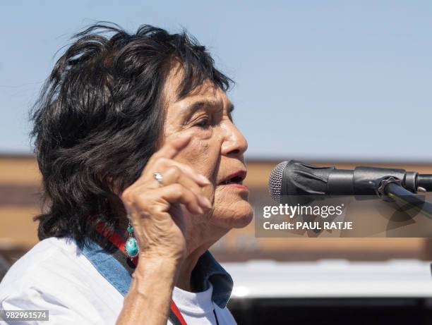 Human Rights Activist Dolores Huerta speaks during the "End Family Detention," event held at the Tornillo Port of Entry in Tornillo, Texas on June...