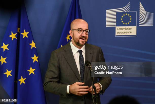Belgium's Prime Minister Charles Michel addresses media representatives after an informal summit at the EU Commission in Brussels on June 24, 2018. -...