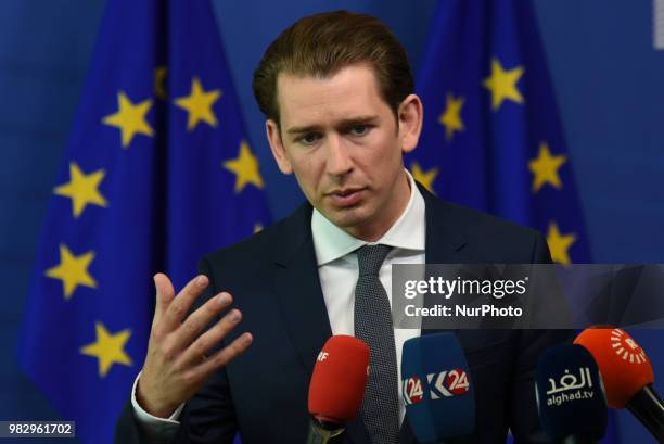 The Austrian Chancellor Sebastian Kurz at the doorstep talking to the press after an informal summit at the EU Commission in Brussels on June 24,...