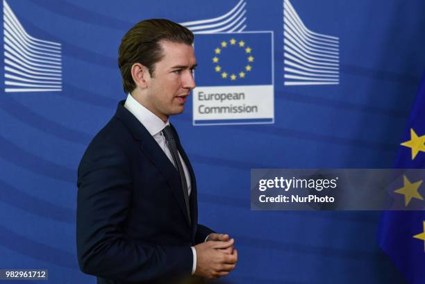 The Austrian Chancellor Sebastian Kurz at the doorstep talking to the press after an informal summit at the EU Commission in Brussels on June 24,...