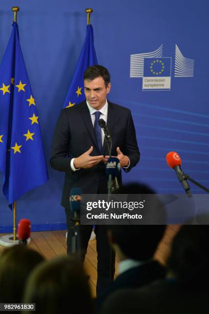 Pedro Sanchez, Prime Minister of Spain, talking to the press after an informal summit at the EU Commission in Brussels on June 24, 2018. - The...