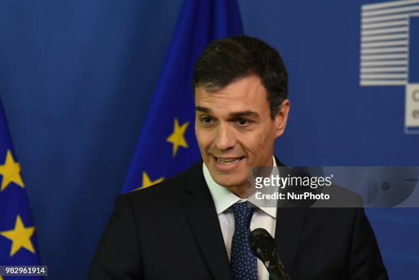 Pedro Sanchez, Prime Minister of Spain talking to the press after an informal summit at the EU Commission in Brussels on June 24, 2018. - The leaders...