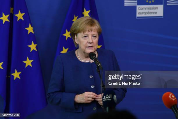 The German Chancellor Angela Merkel at the doorstep talking to the press after an informal summit at the EU Commission in Brussels on June 24, 2018....