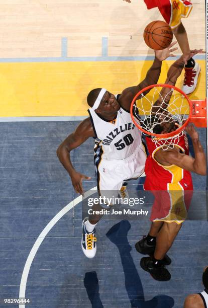 Zach Randolph of the Memphis Grizzlies shoots a layup against the Houston Rockets on April 06, 2010 at FedExForum in Memphis, Tennessee. NOTE TO...