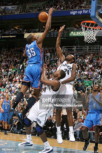 Kevin Durant of the Oklahoma City Thunder goes up for the shot and blocked by Paul Millsap of the Utah Jazz at EnergySolutions Arena on April 6, 2010...