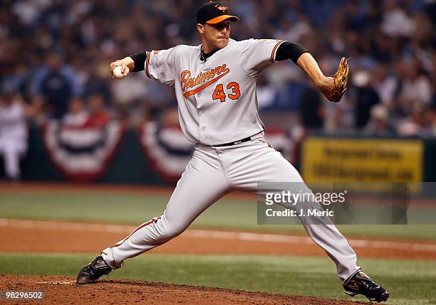 Jim Johnson of the Baltimore Orioles pitches against the Tampa Bay Rays during the home opener game at Tropicana Field on April 6, 2010 in St....