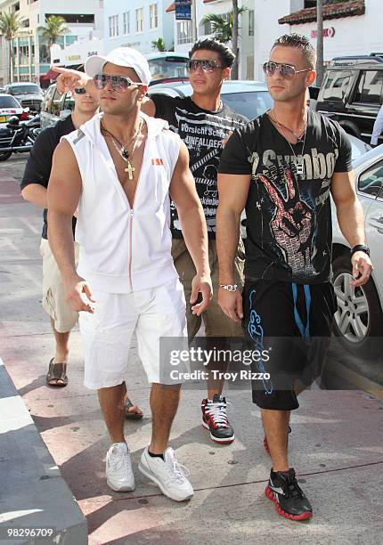 Ronnie Ortiz-Magro, Paul "Pauly D" DelVecchio and Micheal "the Situation" Sorrentino are seen in South Beach on April 6, 2010 in Miami Beach, Florida.