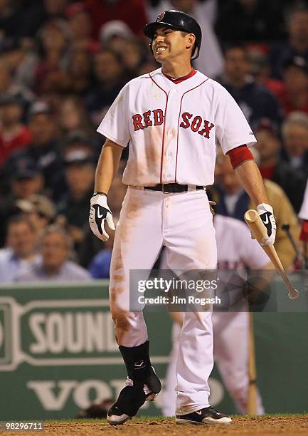 Jacoby Ellsbury of the Boston Red Sox reacts in the ninth inning after making an out against the New york Yankee at Fenway Park on April 6, 2010 in...