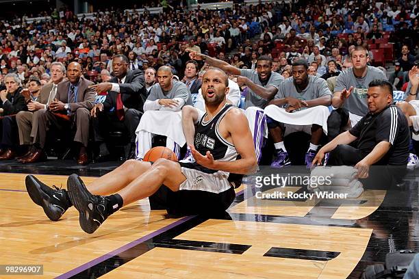 Tony Parker of the San Antonio Spurs reacts after the play against the Sacramento Kings on April 6, 2010 at ARCO Arena in Sacramento, California....