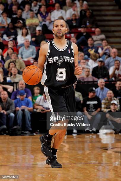 Tony Parker of the San Antonio Spurs brings the ball up court against the Sacramento Kings on April 6, 2010 at ARCO Arena in Sacramento, California....