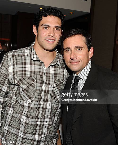 Jets quarterback Mark Sanchez and actor Steve Carell attend the after party for the premiere of "Date Night" at Aureole on April 6, 2010 in New York...