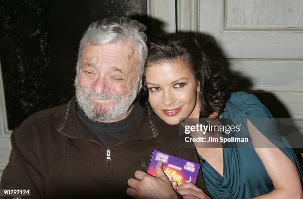 Composer Stephen Sondheim and actress Catherine Zeta-Jones promote "A Little Night Music Broadway Cast Recording" at the Walter Kerr Theatre on April...