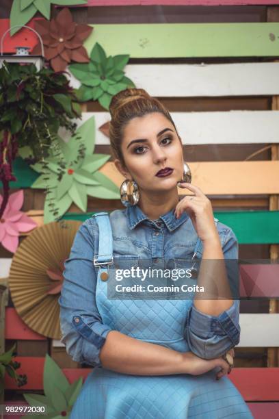 beauty girl portrait with baby blue dress. colorful decor studio shot of fashion woman. vivid colors - fashion studio shot stock pictures, royalty-free photos & images