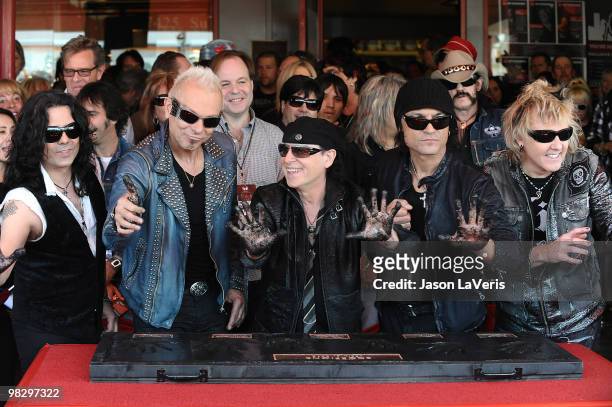 Pawel Maciwoda, Rudolf Schenker, Klaus Meine, Matthias Jabs, James Kottak of The Scorpions are inducted into the Hollywood RockWalk on April 6, 2010...