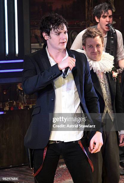 Actor Benjamin Walker performs during the opening night of "Bloody Bloody Andrew Jackson" at The Public Theater on April 6, 2010 in New York City.