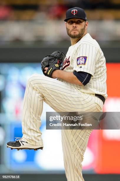 Lance Lynn of the Minnesota Twins delivers a pitch against the Boston Red Sox during the game on June 20, 2018 at Target Field in Minneapolis,...