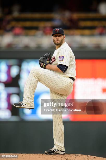 Lance Lynn of the Minnesota Twins delivers a pitch against the Boston Red Sox during the game on June 20, 2018 at Target Field in Minneapolis,...