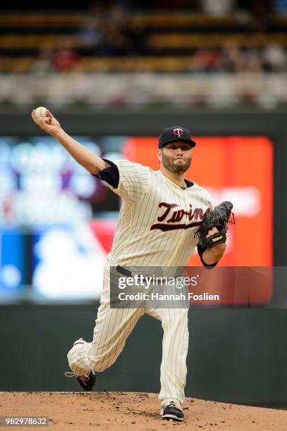 Lance Lynn of the Minnesota Twins delivers a pitch against the Boston Red Sox during the game on June 20, 2018 at Target Field in Minneapolis,...