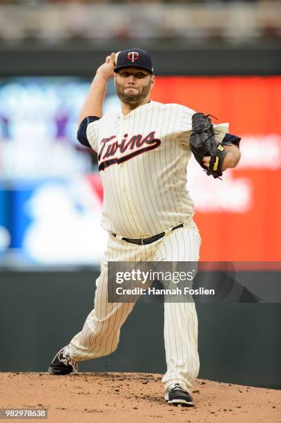 Lance Lynn of the Minnesota Twins delivers a pitch against the Boston Red Sox during the game on June 20, 2018 at Target Field in Minneapolis,...