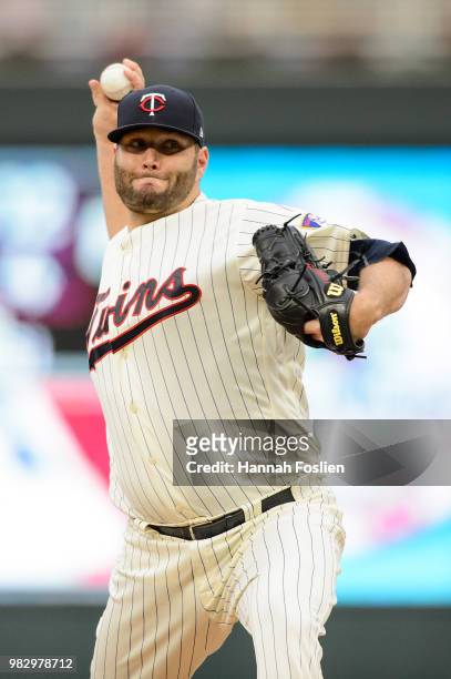 Lance Lynn of the Minnesota Twins delivers a pitch against the Boston Red Sox during the game on June 20, 2018 at Target Field in Minneapolis,...