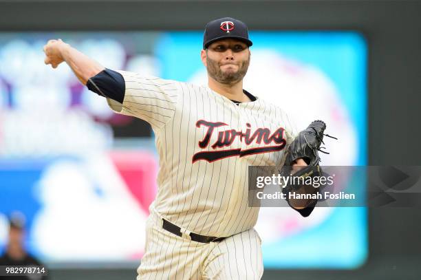 Lance Lynn of the Minnesota Twins delivers a pitch against the Boston Red Sox during the game on June 20, 2018 at Target Field in Minneapolis,...