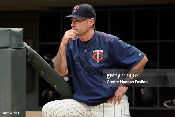 Manager Paul Molitor of the Minnesota Twins looks on during the game against the Boston Red Sox on June 20, 2018 at Target Field in Minneapolis,...