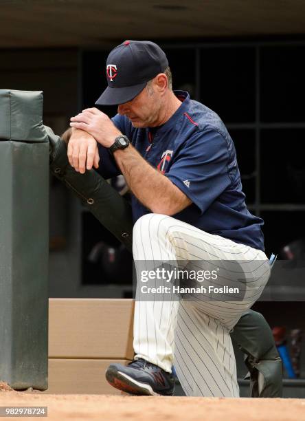 Manager Paul Molitor of the Minnesota Twins looks on during the game against the Boston Red Sox on June 20, 2018 at Target Field in Minneapolis,...