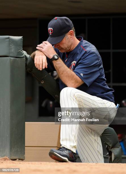 Manager Paul Molitor of the Minnesota Twins looks on during the game against the Boston Red Sox on June 20, 2018 at Target Field in Minneapolis,...
