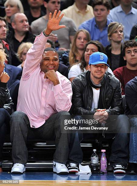 Anthony Anderson and Donnie Wahlberg attend a game between the Boston Celtics and the New York Knicks at Madison Square Garden on April 6, 2010 in...