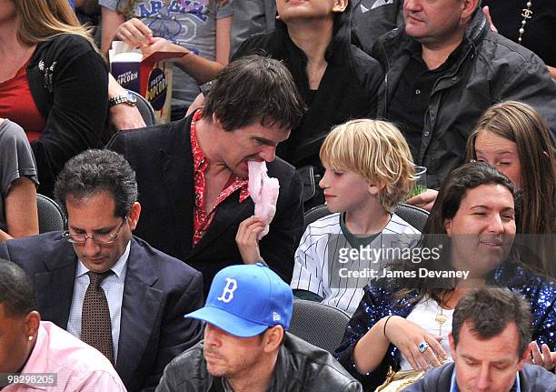 Ethan Hawke and son Levon Roan Hawke attend a game between the Boston Celtics and the New York Knicks at Madison Square Garden on April 6, 2010 in...