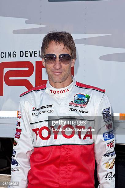 Professional skater Tony Hawk attends the Toyota Pro Celebrity Race press day on April 6, 2010 in Long Beach, California.