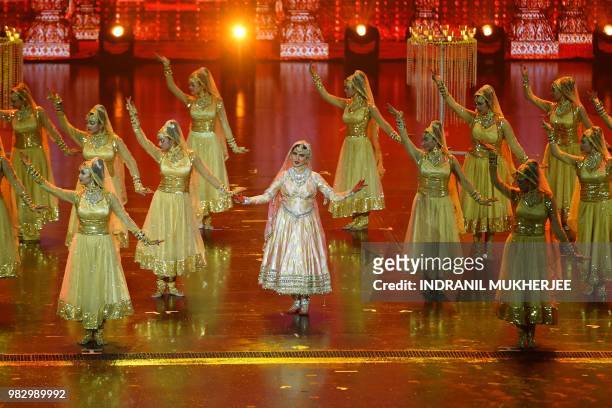 Bollywood actress Rekha performs during the IIFA Awards of the 19th International Indian Film Academy festival at the Siam Niramit Theatre in Bangkok...