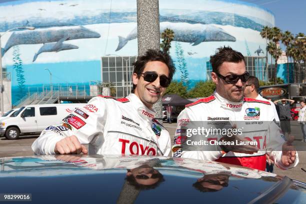 Actors Adrien Brody and Brian Austin Green attend the Toyota Pro Celebrity Race press day on April 6, 2010 in Long Beach, California.