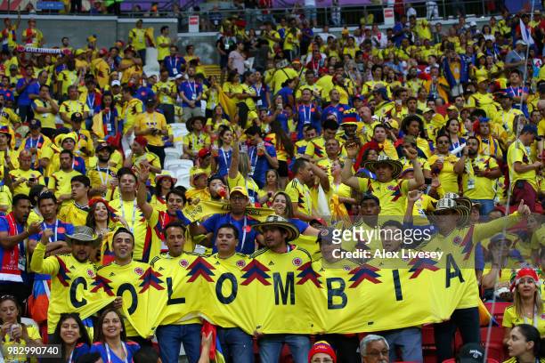 Colombia fans show their support during the 2018 FIFA World Cup Russia group H match between Poland and Colombia at Kazan Arena on June 24, 2018 in...