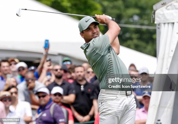 Jason Day tees off on 1 during the Final Round of the Travelers Championship on June 24, 2018 at TPC River Highlands in Cromwell, CT