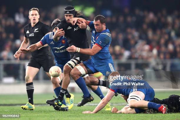 Jackson Hemopo of the New Zealand All Blacks chases the loose ball during the International Test match between the New Zealand All Blacks and France...