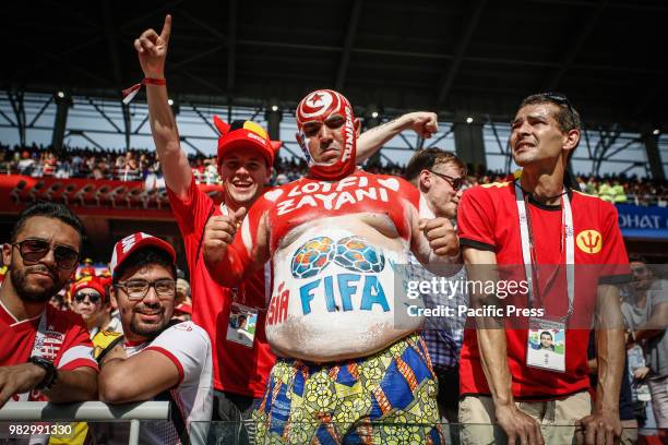 Soccer fans wearing their team color during Belgium-Tunisia match valid for the second round of group G of the 2018 World Cup, held at Spartak...