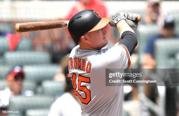 Mark Trumbo of the Baltimore Orioles hits a pinch-hit two run home run in the fifth inning against the Atlanta Braves at SunTrust Park on June 24,...