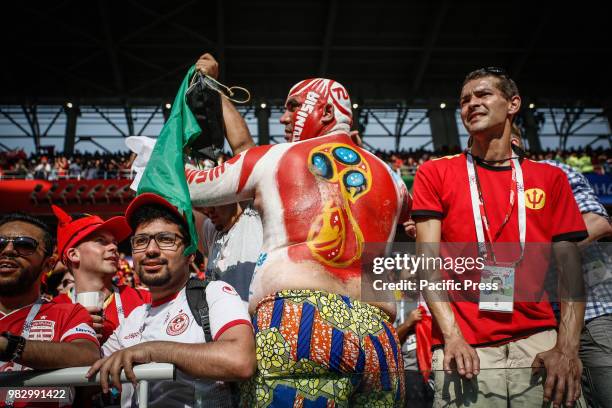 Soccer fans wearing their team color during Belgium-Tunisia match valid for the second round of group G of the 2018 World Cup, held at Spartak...