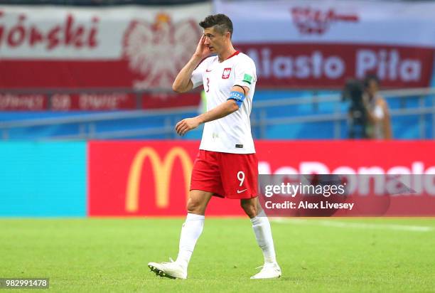 Robert Lewandowski of Poland looks dejected following his sides defeat in the 2018 FIFA World Cup Russia group H match between Poland and Colombia at...