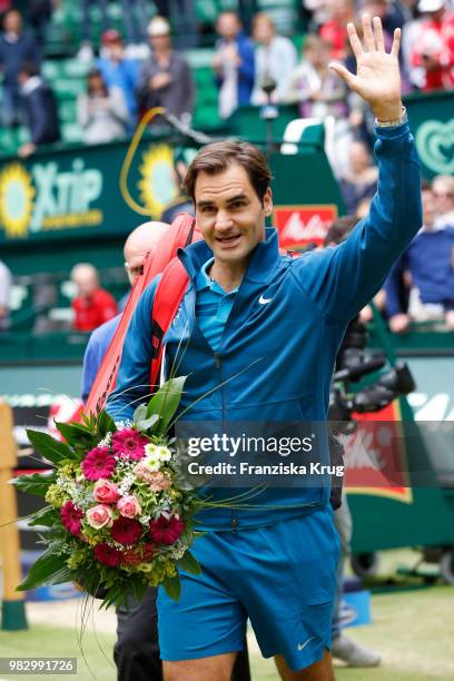 Tennis player Roger Federer waves during the Gerry Weber Open 2018 at Gerry Weber Stadium on June 24, 2018 in Halle, Germany.