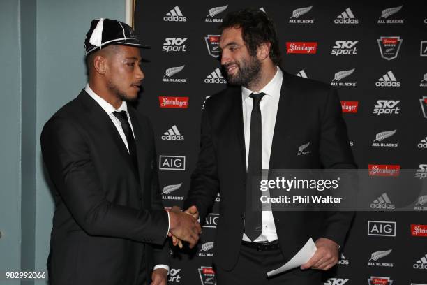 All Black Shannon Frizell is presented with his test cap from Sam Whitelock following the International Test match between the New Zealand All Blacks...