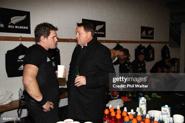 All Black Matt Todd speaks with coach Steve Hansen in the dressing room following the International Test match between the New Zealand All Blacks and...