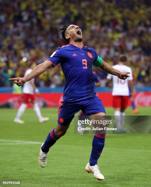 Radamel Falcao of Colombia celebrates after scoring his team's second goal during the 2018 FIFA World Cup Russia group H match between Poland and...